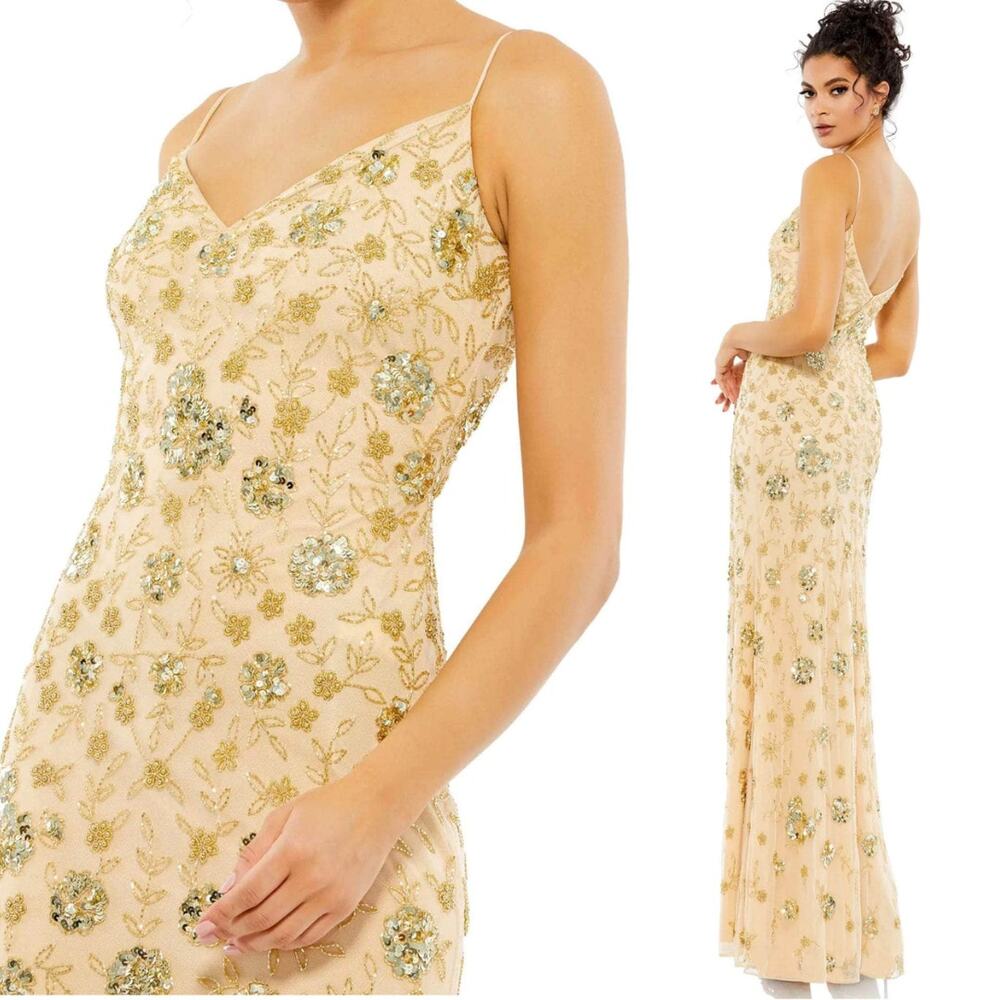 Mac Duggal nude and Gold Embellished Beaded Maxi Dress
